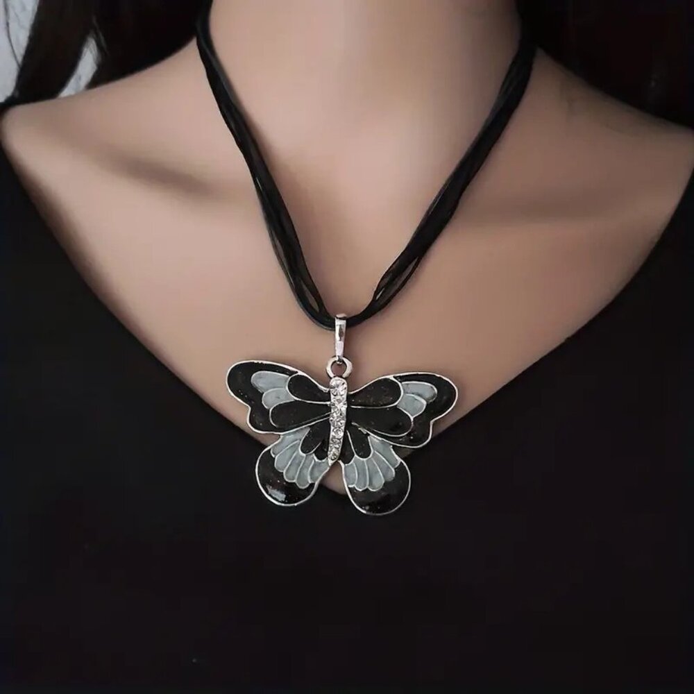 Women's Colorful Butterfly Inlaid Zircon Pendant Ribbon Charm Necklace Black